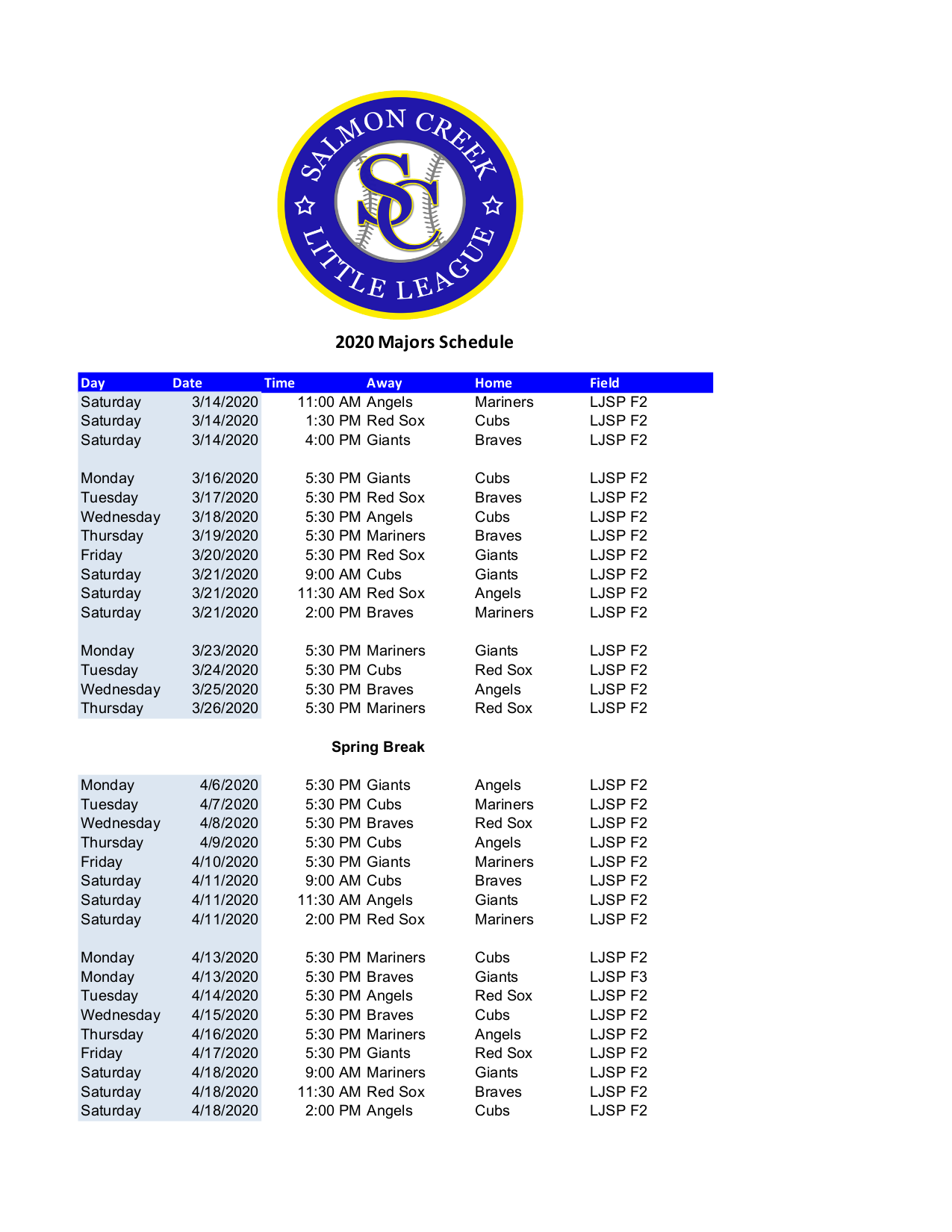 Majors Schedule